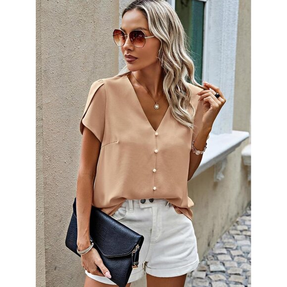 Women Short Sleeve Blouse Chiffon 2025 Summer Casual Work Pearl V Neck - Picture 3 of 7